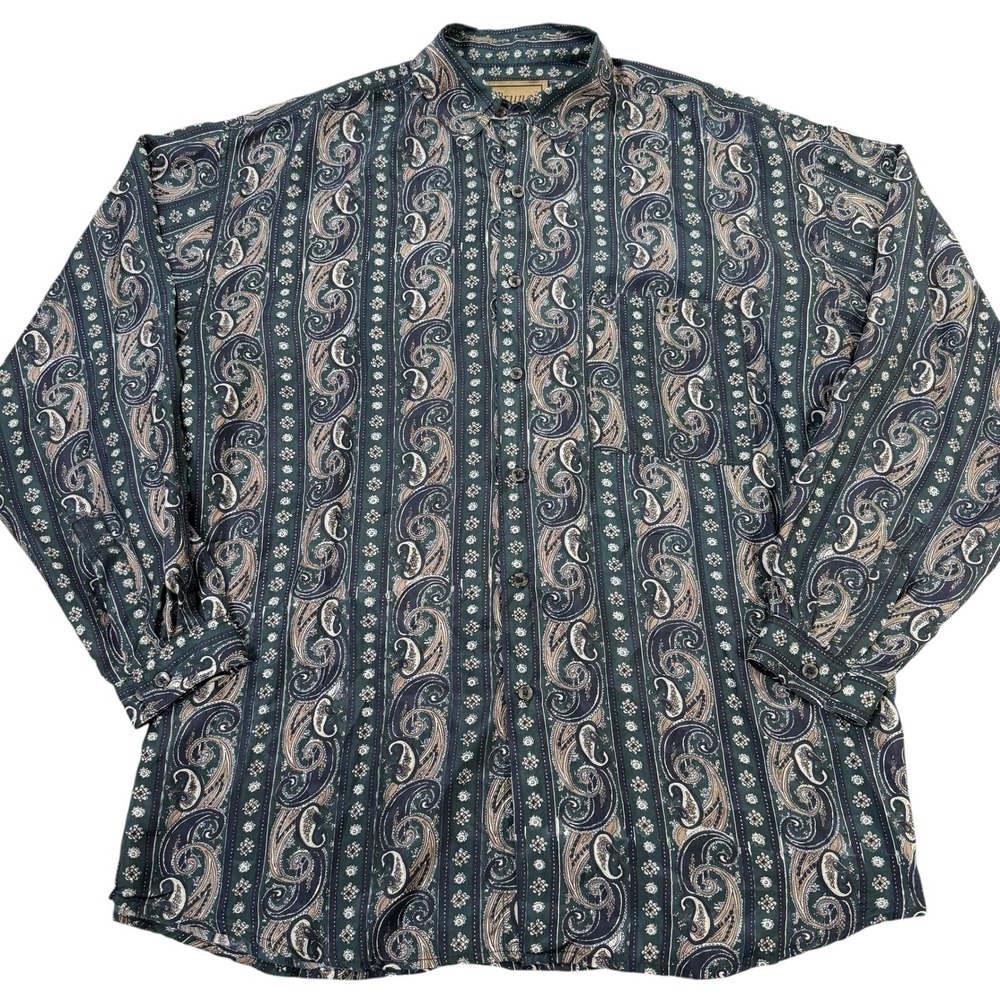 Bruno Mens L Silk Shirt Paisley Stripe Green Long Sleeve Button Up Vintage 90s